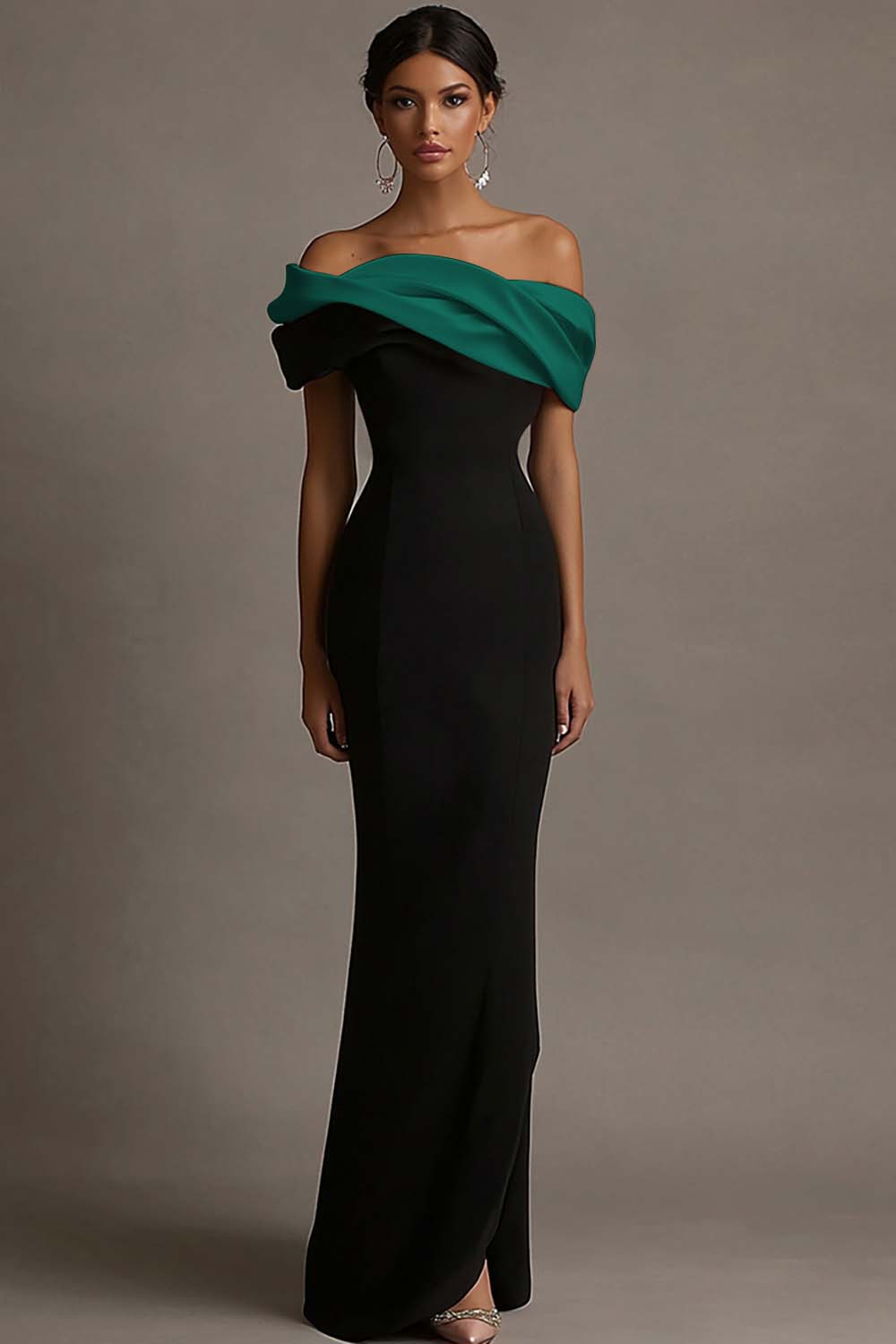 Black and Pink Vivienne Satin Off-Shoulder Evening Dress