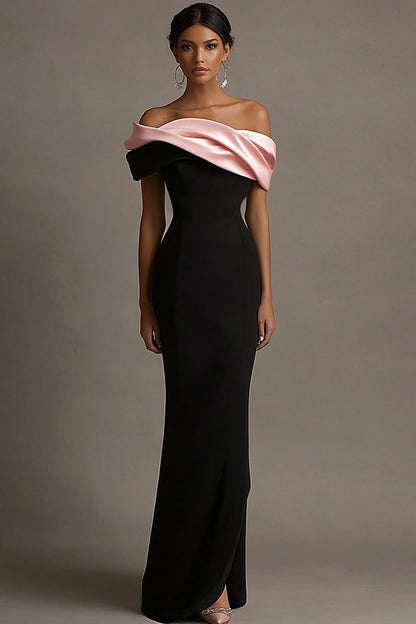 Black and Burgundy Vivienne Satin Off-Shoulder Evening Dress