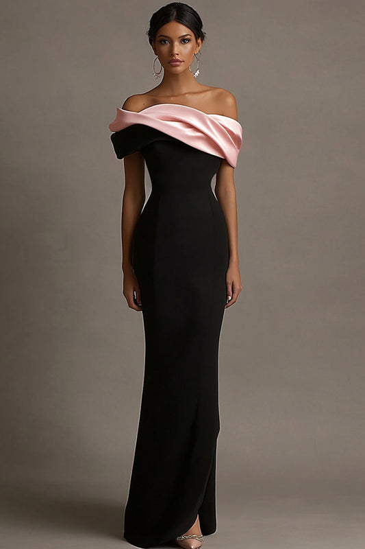 Black and Pink Vivienne Satin Off-Shoulder Evening Dress
