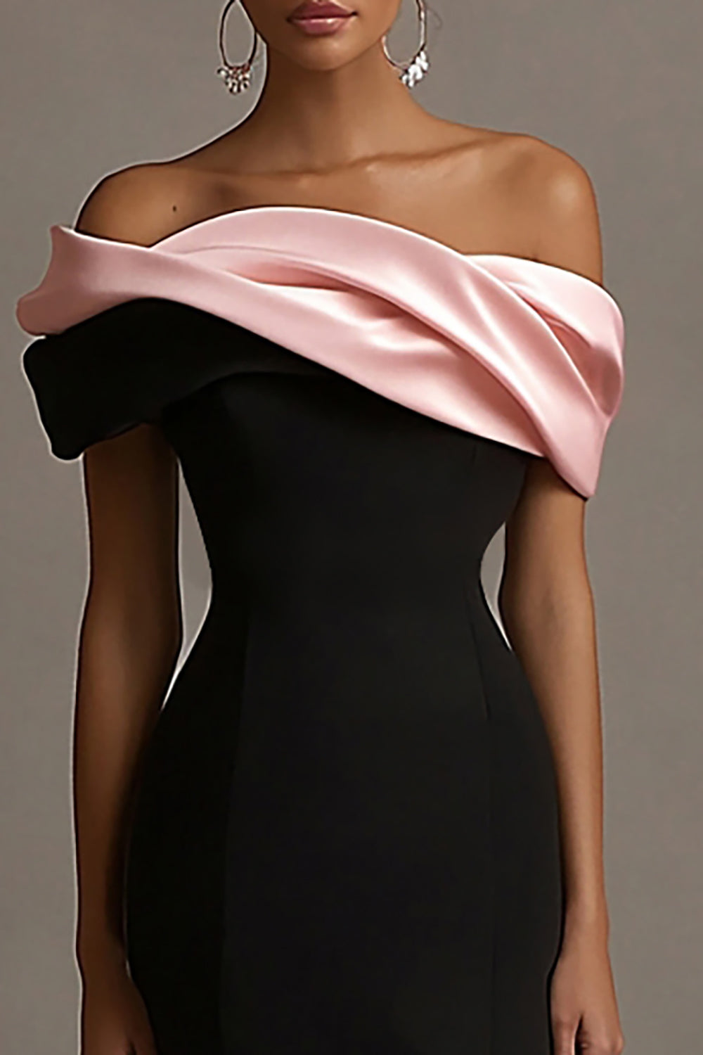 Black and Ivory Vivienne Satin Off-Shoulder Evening Dress