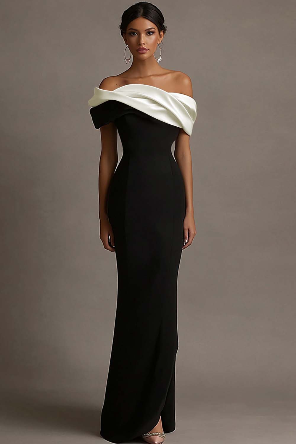 Black and Pink Vivienne Satin Off-Shoulder Evening Dress