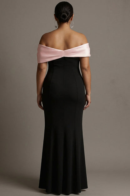 Black and Ivory Vivienne Satin Off-Shoulder Evening Dress