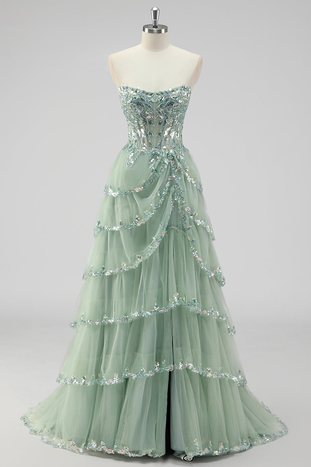 Sage Green Margot Sequin Tiered Prom Dress