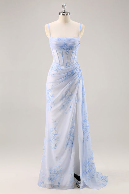 Blue Margot Floral Ruched Corset Bridesmaid Dress