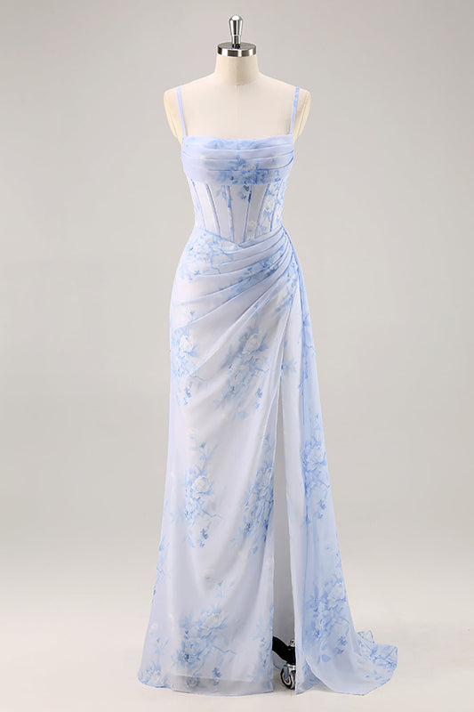 Blue Margot Floral Ruched Corset Bridesmaid Dress