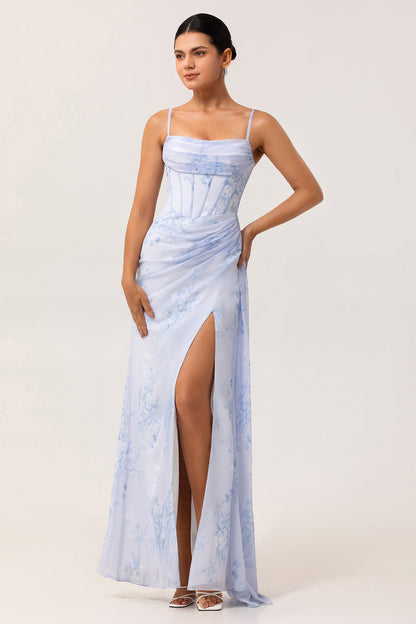 Blue Margot Floral Ruched Corset Bridesmaid Dress