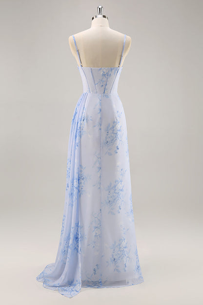 Blue Margot Floral Ruched Corset Bridesmaid Dress