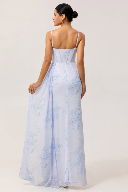 Blue Margot Floral Ruched Corset Bridesmaid Dress