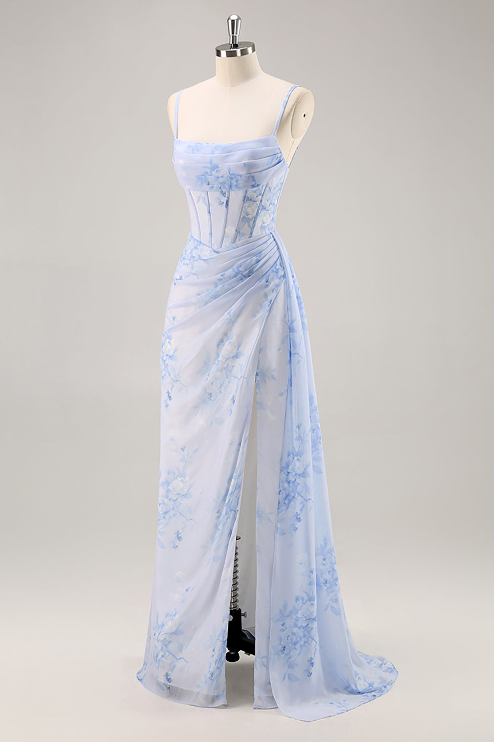 Blue Margot Floral Ruched Corset Bridesmaid Dress