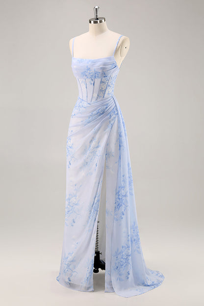 Blue Margot Floral Ruched Corset Bridesmaid Dress