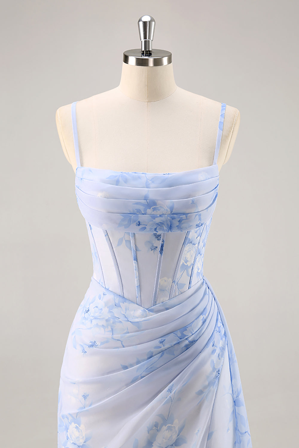 Blue Margot Floral Ruched Corset Bridesmaid Dress