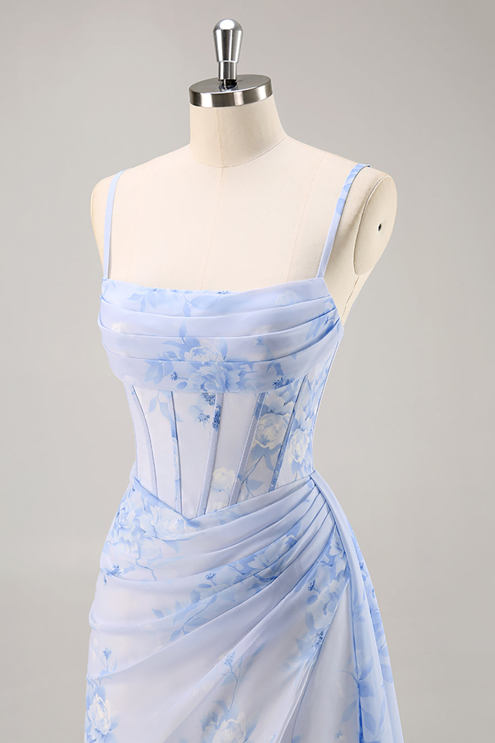 Blue Margot Floral Ruched Corset Bridesmaid Dress