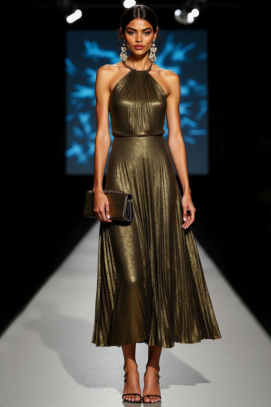 Olive Arabella Metallic Halter Maxi Dress