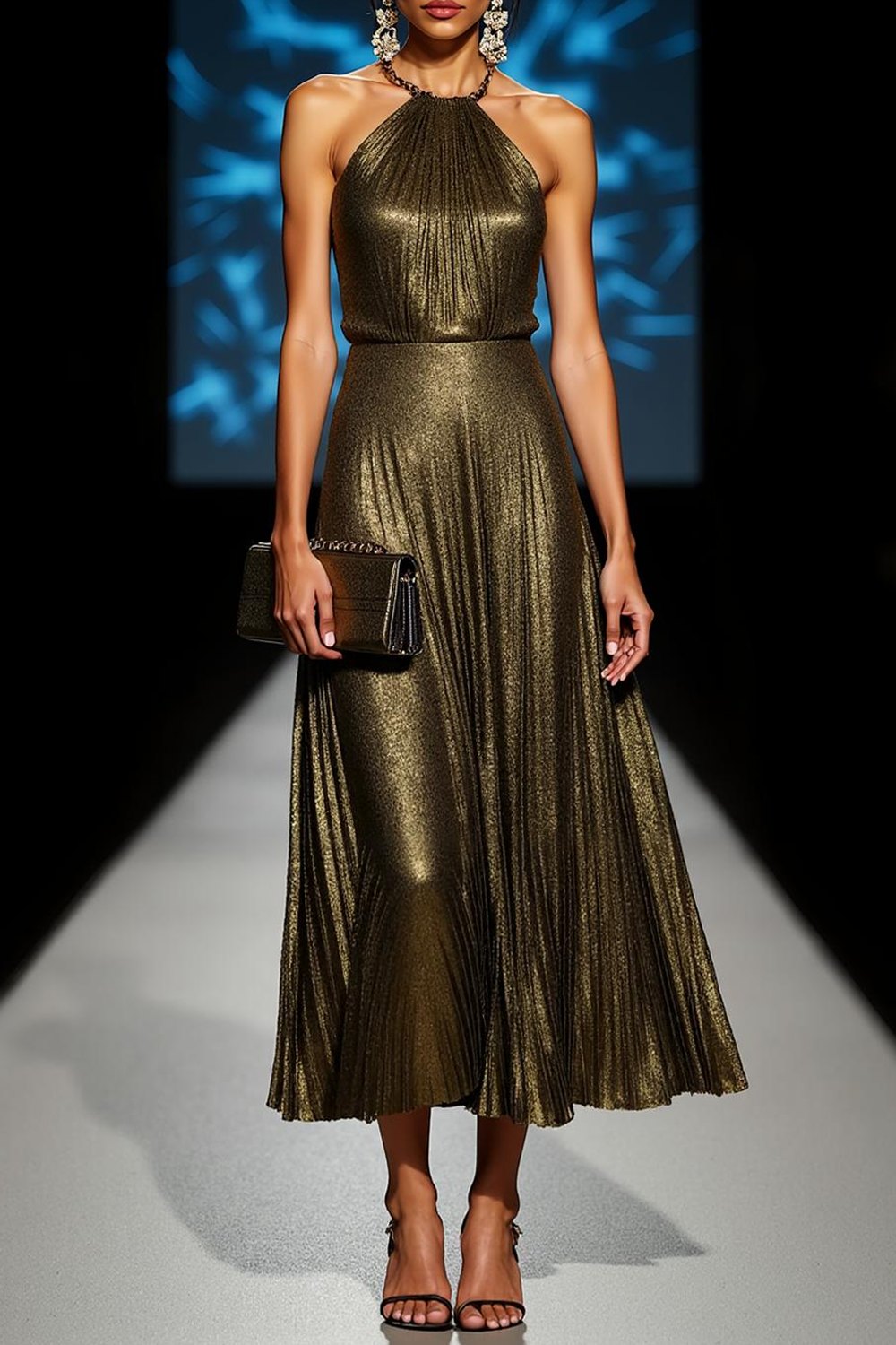 Olive Arabella Metallic Halter Maxi Dress