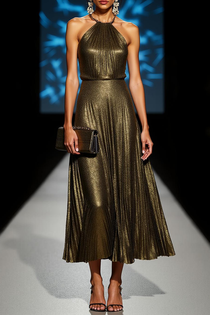 Olive Arabella Metallic Halter Maxi Dress