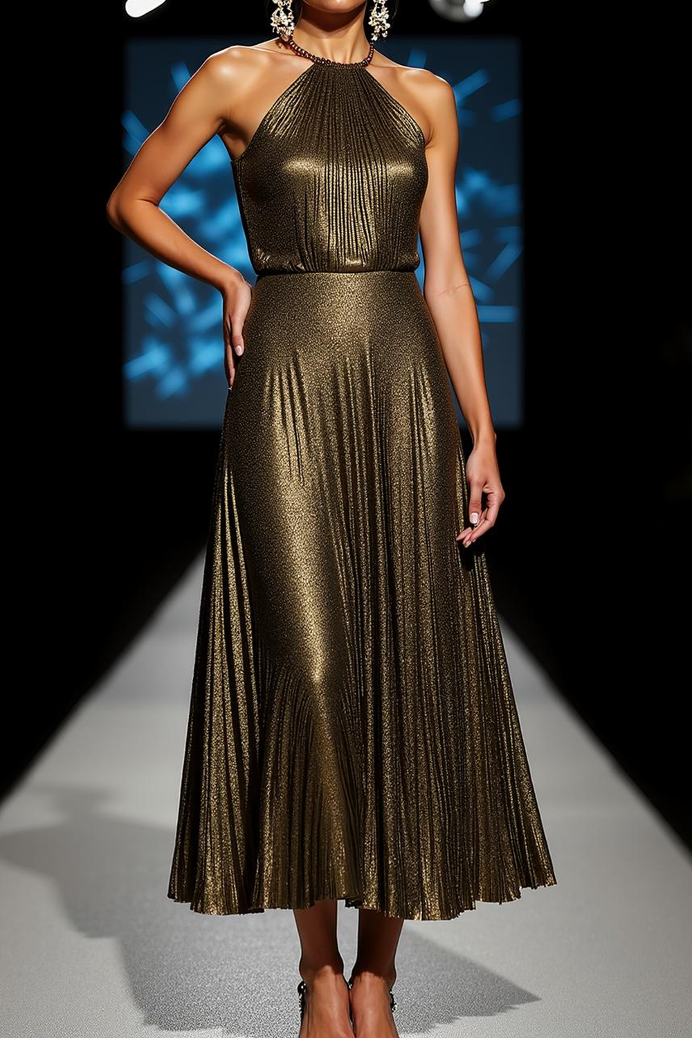 Olive Arabella Metallic Halter Maxi Dress