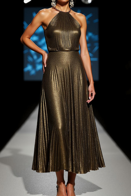 Olive Arabella Metallic Halter Maxi Dress