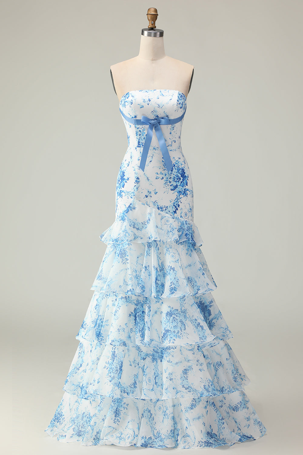 White Blue Flower Matilda Floral Mermaid Gown