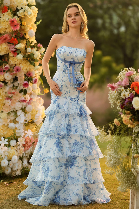White Blue Flower Matilda Floral Mermaid Gown