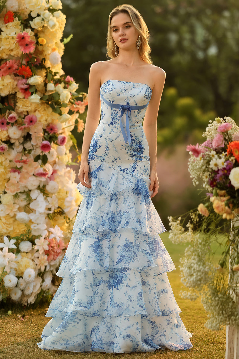 White Blue Flower Matilda Floral Mermaid Gown