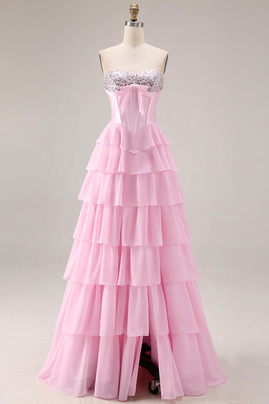 Pink Margot Sequin Tiered Corset Gown