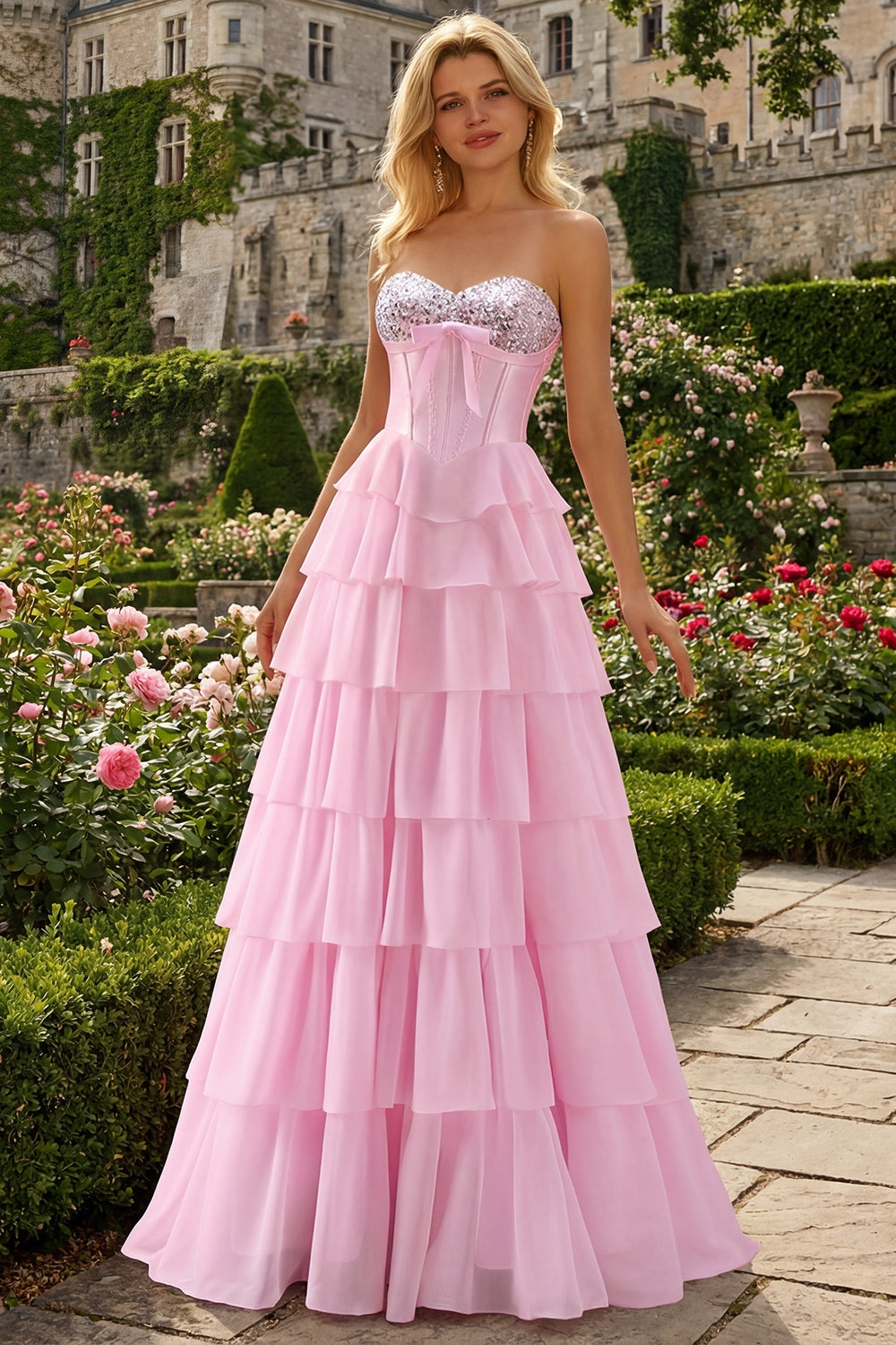 Pink Margot Sequin Tiered Corset Gown