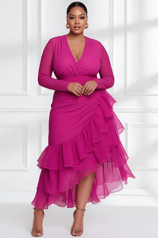 Xpluswear Design Plus Size Wedding Guest Hot Pink V Neck Long Sleeve Ruffle Asymmetric Hem Irregular Hem Midi Dresses [P