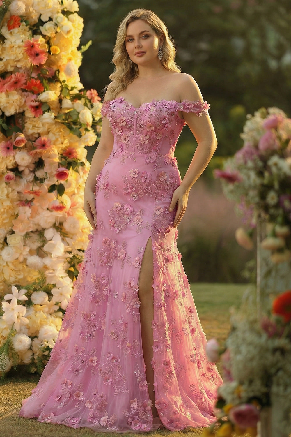 Line Off The Shoulder Corset Plus Size Long Prom Dress with Slit Taro Off-Shoulder Corset Gown