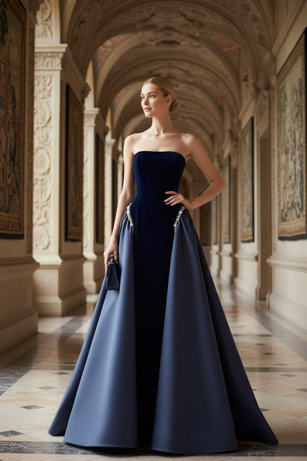 Navy Vivienne Velvet Cape Gown