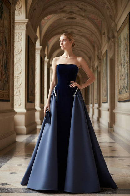 Navy Vivienne Velvet Cape Gown