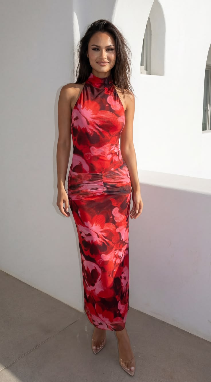Sweet Escape Floral Print High Neck Maxi Dress - Red Multi - L / Red