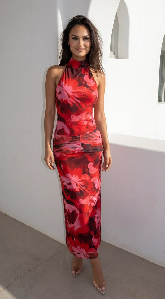 Sweet Escape Floral Print High Neck Maxi Dress - Red Multi - L / Red