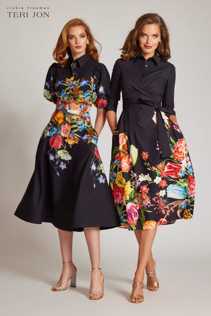 Black Multi Margot Cotton Shirt Dress with Puff Sleeves
