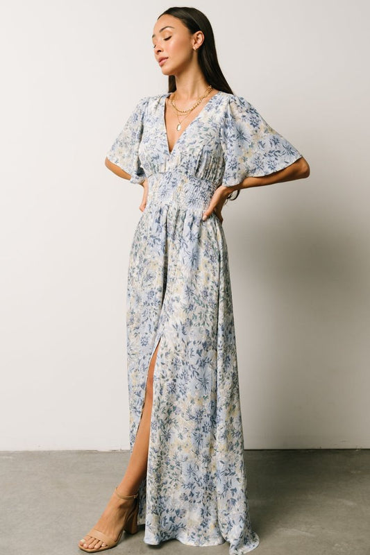 Verona Smocked Maxi Dress in White & Blue Print