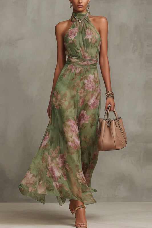 Green Margot Floral Halter Maxi Dress
