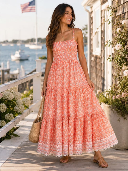 Bardot Dresses | Bardot Coral Eyelet Maxi Dress Smocked Resort Vacation S | Color: Pink/White | Size: S