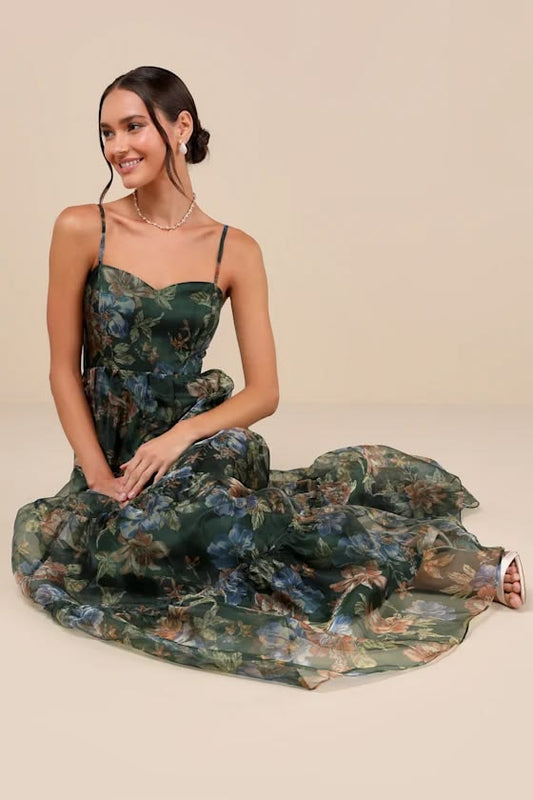 Celeste Organza Tiered Maxi Dress in Emerald Floral