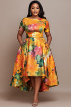 Xpluswear Design Plus Size Wedding Guest Yellow Round Neck Short Sleeve Pocket Zipper Satin Midi Dresses [Pre-Order] Yel