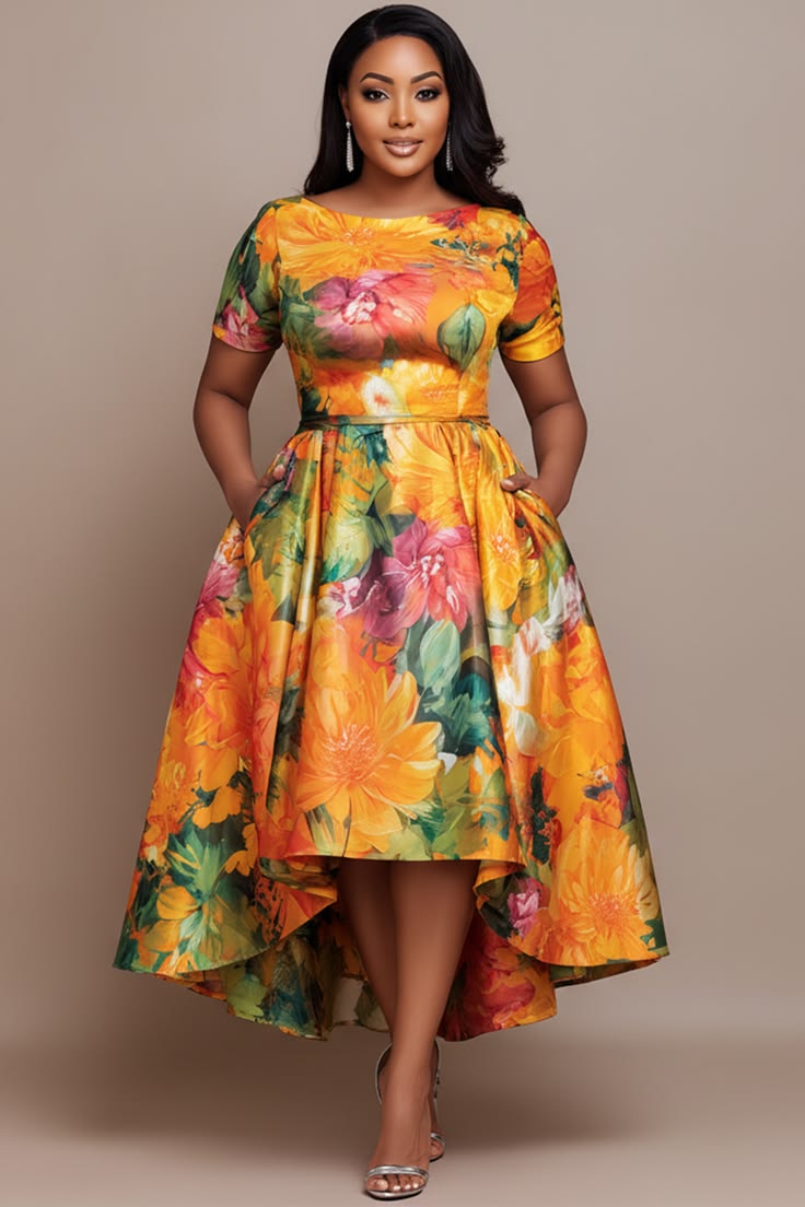 Xpluswear Design Plus Size Wedding Guest Yellow Round Neck Short Sleeve Pocket Zipper Satin Midi Dresses [Pre-Order] Yel