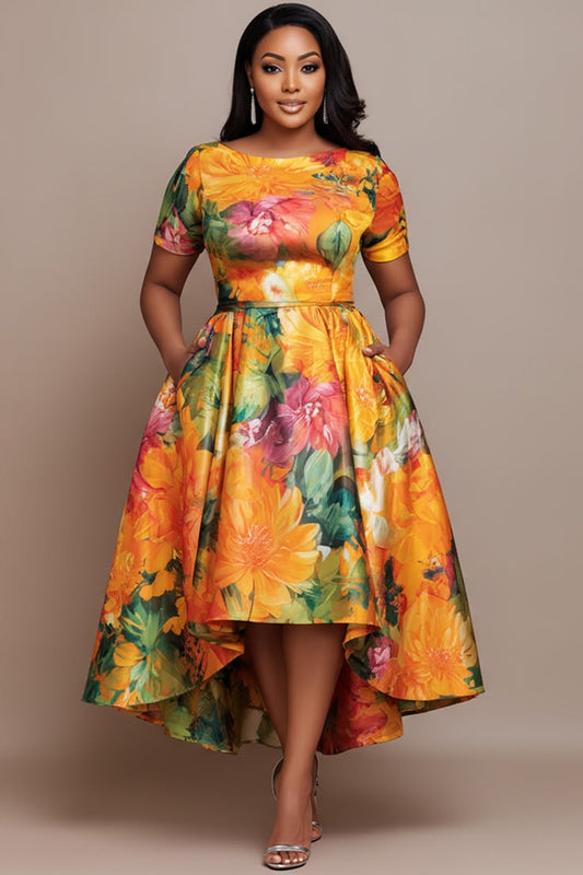 Xpluswear Design Plus Size Wedding Guest Yellow Round Neck Short Sleeve Pocket Zipper Satin Midi Dresses [Pre-Order] Yel