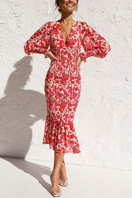 ROWENA FLORAL BISHOP SLEEVE SMOCKED MIDI DRESS
