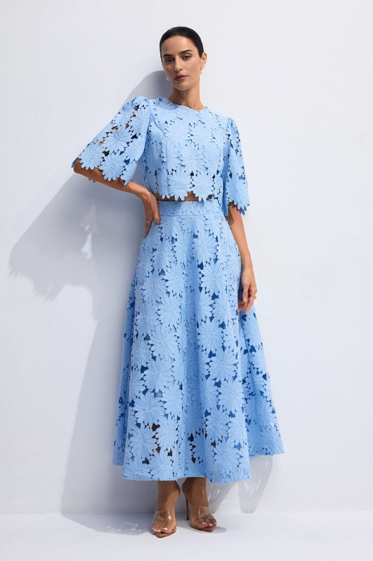 Classy Lace Embroidered Top and Maxi Skirt Set, Blue / S