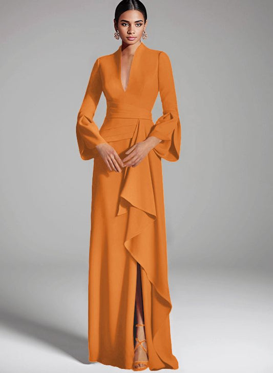 Missacc Orange Evening Dresses Flattering Plunge Neck Bell Sleeves Cascadin Ruffled Waist Elastic Satin Mother Of The Br