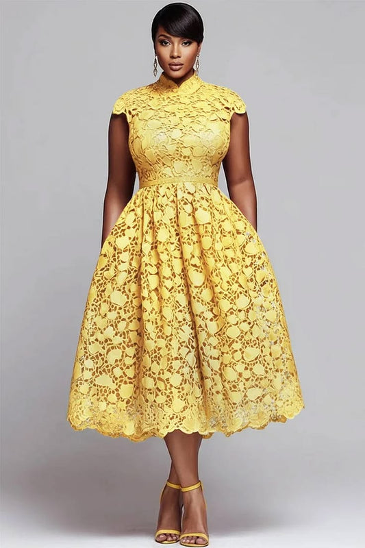 Xpluswear Design Plus Size Red Round Neck Pocket Elegant Cut Out Lace Midi Dresses