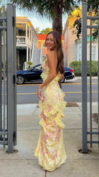 Mermaid Spaghetti Straps Floor Length Floral Yellow Chiffon Evening Dress Prom Dresses SD2045 - As Photo(PINK) / US 8