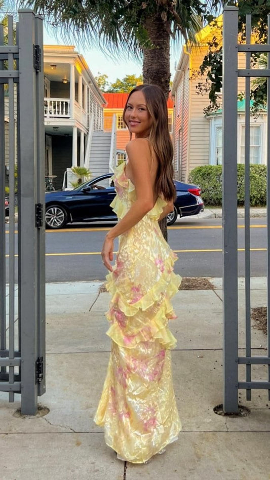 Mermaid Spaghetti Straps Floor Length Floral Yellow Chiffon Evening Dress Prom Dresses SD2045 - As Photo(PINK) / US 8