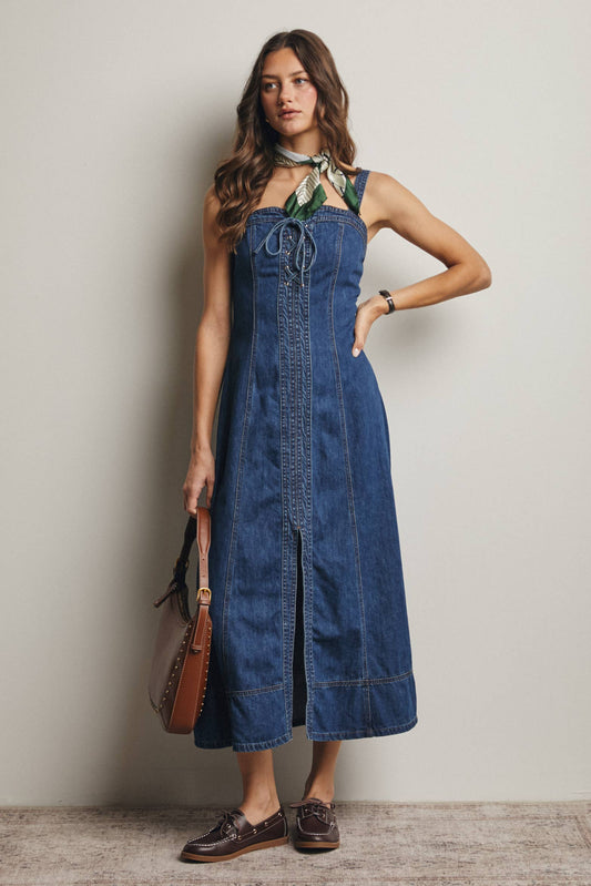 Up Denim Maxi Dress Madeline Lace-Up Denim Maxi Dress