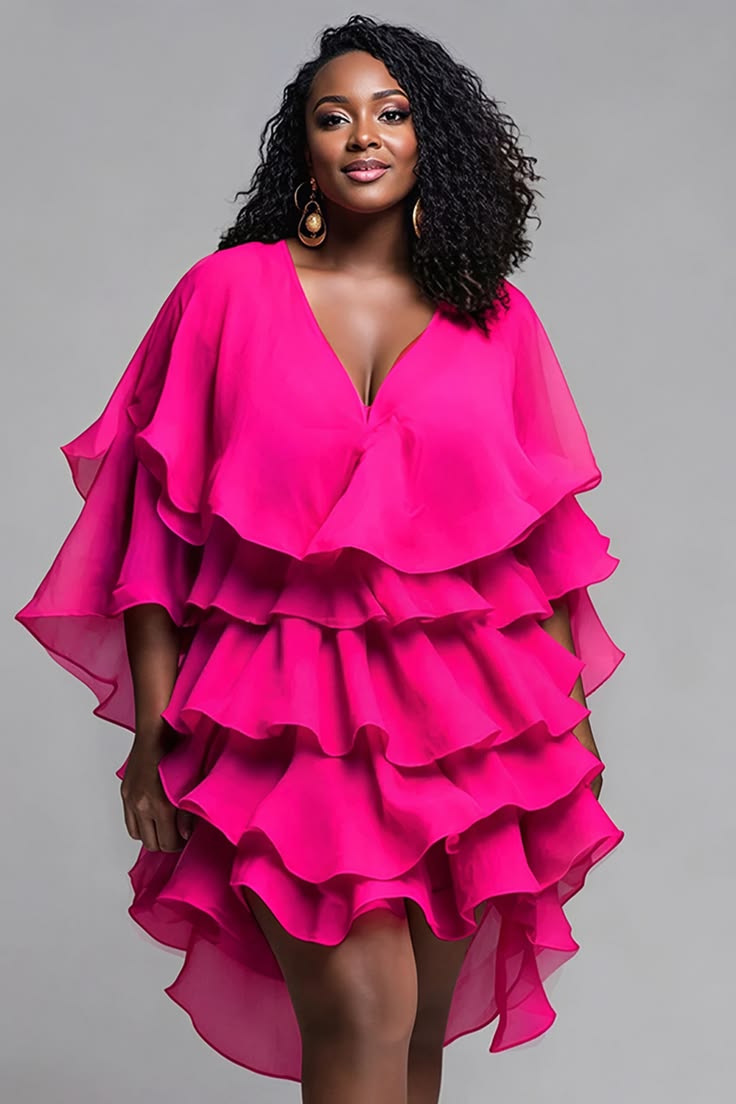 Xpluswear Design Plus Size Party Hot Pink V Neck Half Sleeve Ruffle Tiered Mini Dresses [Pre-Order] Hot Pink-XL/14-16