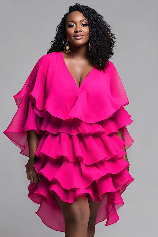 Xpluswear Design Plus Size Party Hot Pink V Neck Half Sleeve Ruffle Tiered Mini Dresses [Pre-Order] Hot Pink-XL/14-16