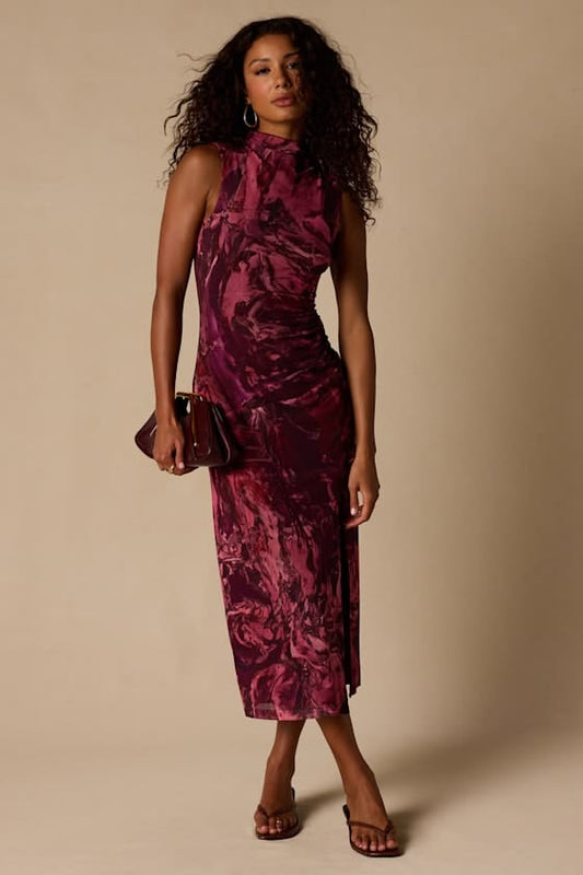 Rosannah Mauve Multi Abstract Mesh Mock Neck Midi Dress